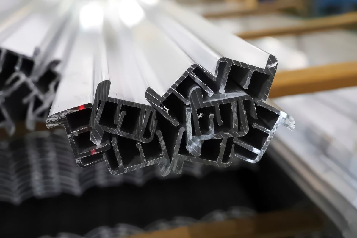 Close-up of extruded aluminum profile ends showing die cross-sections